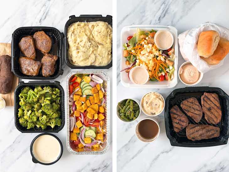 Two meal trays featuring grilled meats, mashed potatoes, broccoli, salad, and rolls, with various sauces and sides.